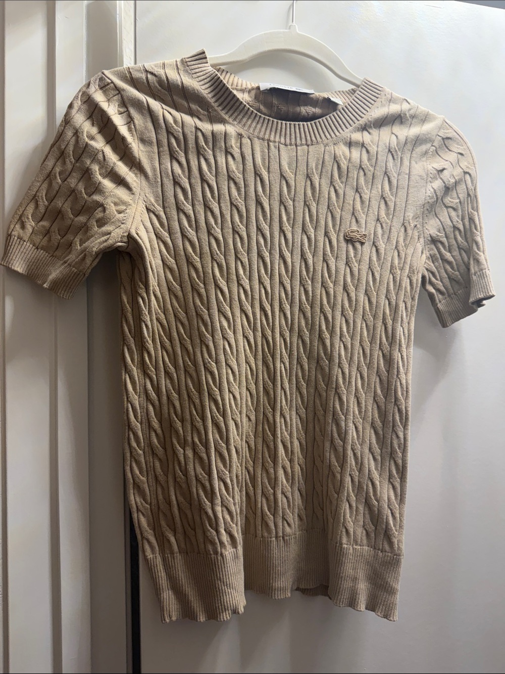 Lacoste Women’s Cable-Knit Crewneck Short-Sleeve Sweater in Beige